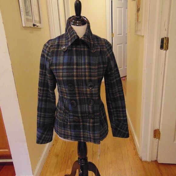 *496 Aeropostale Plaid Pea Coat - Picture 1 of 8